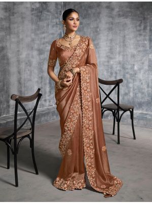 Rusty Brown Tissue Silk Embroidered Designer Saree