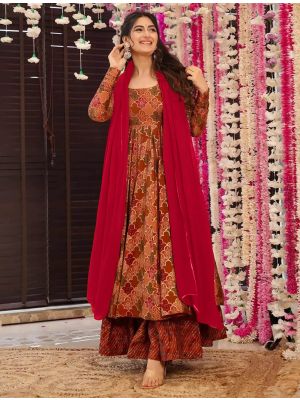 Rusty Red Muslin Elegant Readymade Salwar Kameez FABSL21975