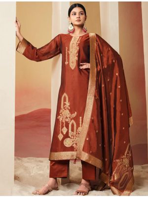 Rusty Red Silk Jacquard Elegant Salwar Kameez small FABSL22174
