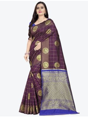 Purple Banarasi cotton silk Designer Saree small FABSA20791
