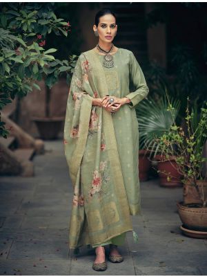 Sage Green Cotton Silk Semi Stitched Salwar Kameez small FABSL22509