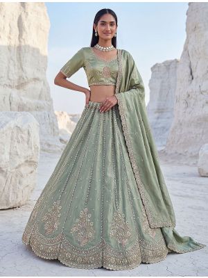 Sage Green Satin Silk Wedding Lehenga with Intricate Embroidery small FABLE20587