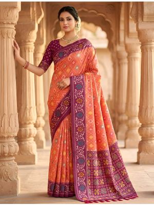 Salmon Peach Traditional Art Silk Patola Style Saree