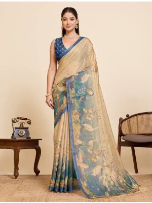 Sand Beige Linen Traditional Pattern Saree
