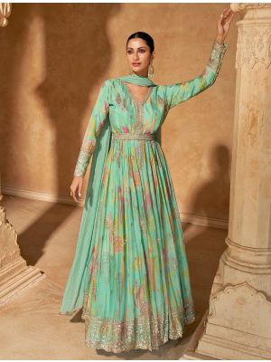 Sea Green Chinon Pre Stitched Anarkali Suit In XL small FABSL22122