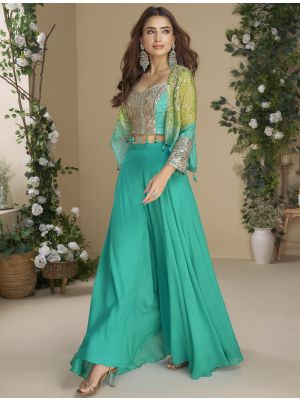 sea green chinon ready to wear top with bottom and jacket small fabku21146