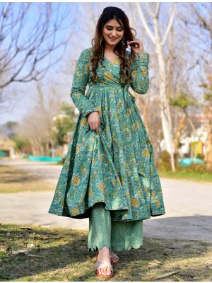 sea green cotton silk digital printed kurta palazzo set fabku21038