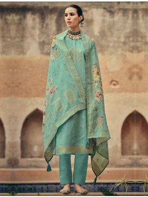 Sea Green Cotton Silk Semi Stitched Salwar Kameez small FABSL22505