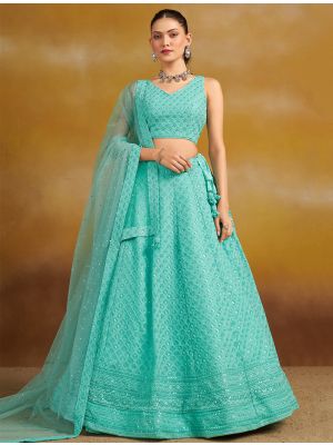Sea Green Georgette Embroidered Lehenga Choli With Sequin small FABLE20580