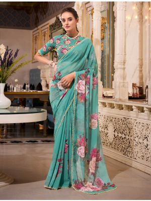 Sea Green Georgette Saree With Pearl Lace Border