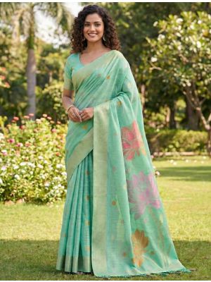 Sea Green Linen Cotton Elegant Festive Saree