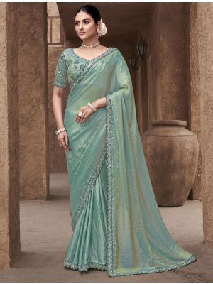 Sea Green Satin Silk Premium Saree With Stitched Blouse FABSA22553