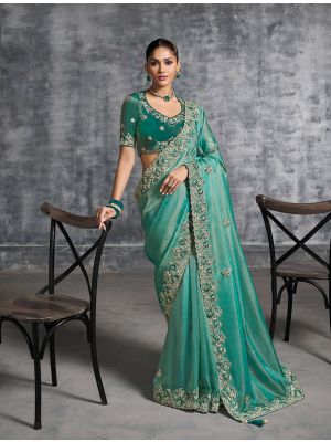 Sea Green Tissue Silk Embroidered Designer Saree