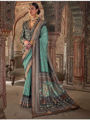 Sea Green Viscose Silk Saree With Weaving And Dew Drop Print