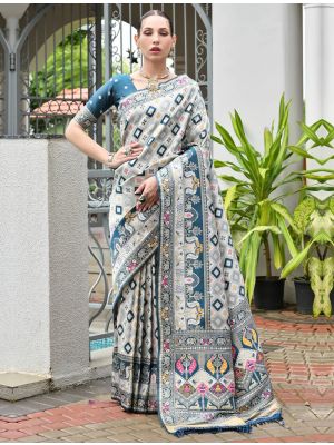 Silver Grey Banarasi Silk Traditional Pattern Saree