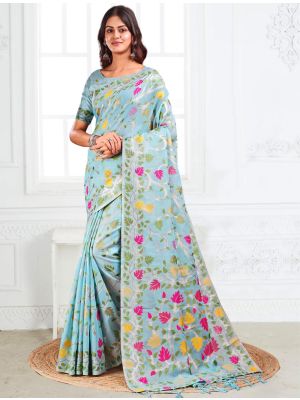 Sky Blue Linen Cotton Jacquard Woven Saree