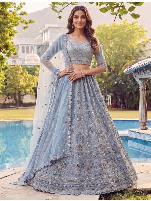 Sky Blue Net Wedding Lehenga with Intricate Embroidery small FABLE20584