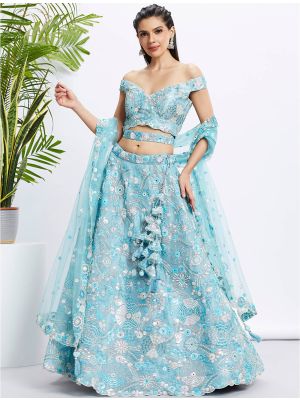 Sky Blue Organza Embroidered Premium Wedding Lehenga small FABLE20389