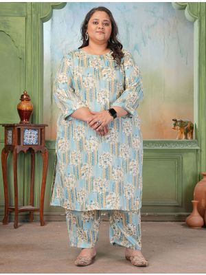 sky blue rayon slub plus size kurta pant set fabku21247