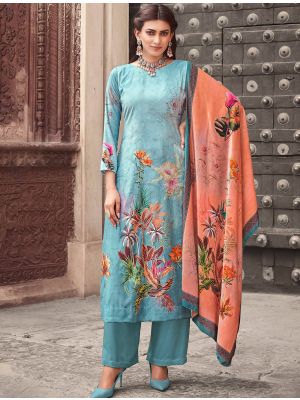 Sky Blue Velvet Printed Salwar Kameez With Contrast Dupatta small FABSL21706
