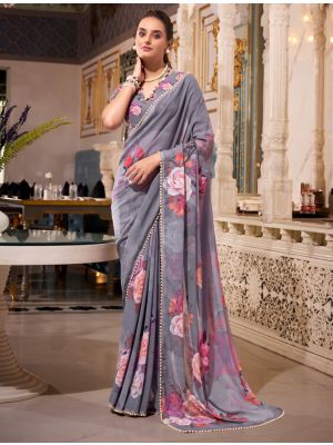 Smoke Grey Georgette Saree With Pearl Lace Border