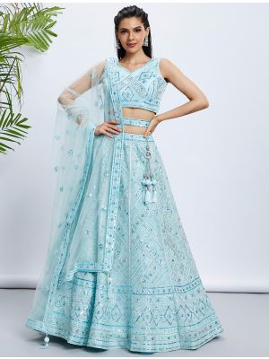 Soft Blue Net Embroidered Premium Wedding Lehenga small FABLE20384