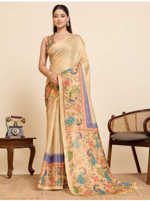 Soft Gold Linen Traditional Pattern Saree