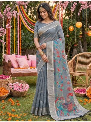 Soft Grey Linen Cotton Traditional Pattern Saree