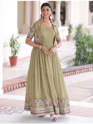 soft olive vichitra silk flared gown with short jacket fabgo20414