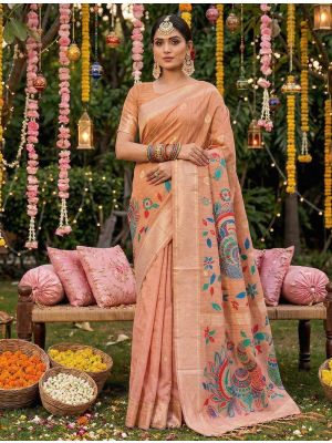 Soft Peach Linen Cotton Traditional Pattern Saree