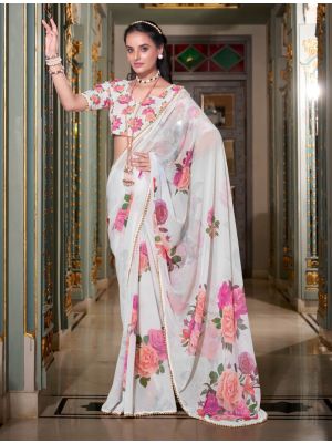 Soft White Georgette Saree With Pearl Lace Border