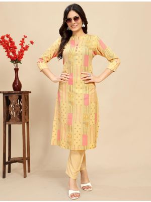 soft yellow printed cotton kurti with matching pant fabku21007