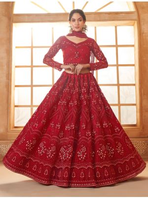 Solid Red Soft Net Embroidered Lehenga With Diamond Work small FABLE20441