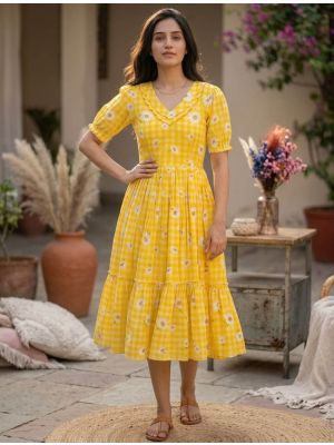 sunflower yellow muslin fit and flare midi dress fabku21238