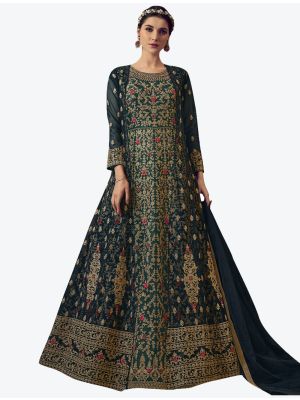 Forest Green Net Semi Stitched Floor Length Suit with Dupatta FABSL20392