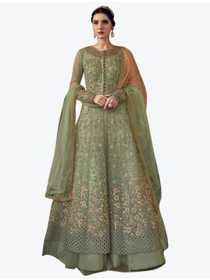 Soft Green Net Semi Stitched Floor Length Suit with Dupatta FABSL20390