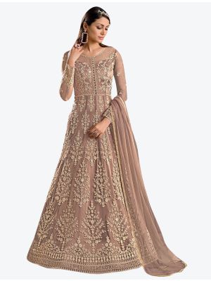 deep beige butterfly net semi stitched party wear gown with dupatta fabgo20107