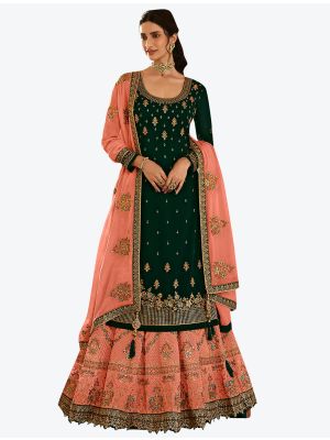 Bottle Green Georgette Designer Party Wear Suit With Lehenga Bottom small FABSL20564