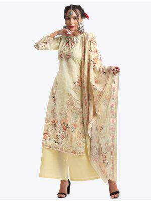 Creamy Yellow Digital Printed Embroidered Cotton Designer Straight Suit small FABSL20580