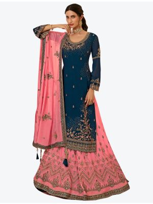 Navy Blue Georgette Designer Party Wear Suit With Lehenga Bottom small FABSL20567