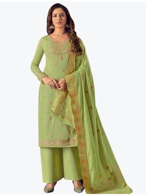 Green Cotton Jacquard Designer Palazzo Suit with Dupatta small FABSL20870