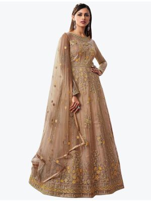 Natural Beige Net Party Wear Premium Designer Anarkali Suit small FABSL20899