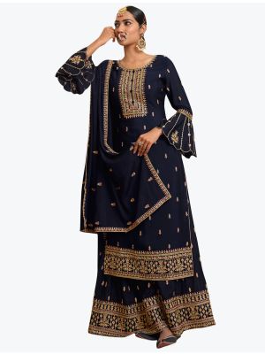 Navy Blue Chinon Chiffon Classy Designer Palazzo Suit small FABSL20908