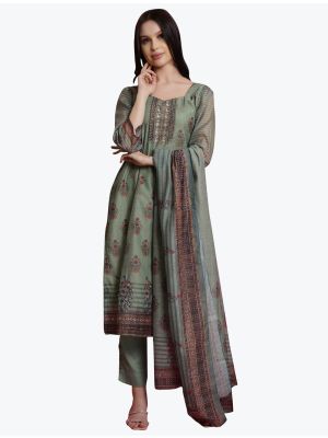 Greyish Green Chanderi Digital Printed Festive Wear Salwar Suit small FABSL21014