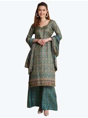 Green Tussar Silk Salwar Suit with Digital Printed Dupatta small FABSL21056