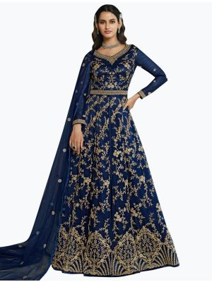 Navy Blue Net Designer Anarkali Floor Length Suit small FABSL21129