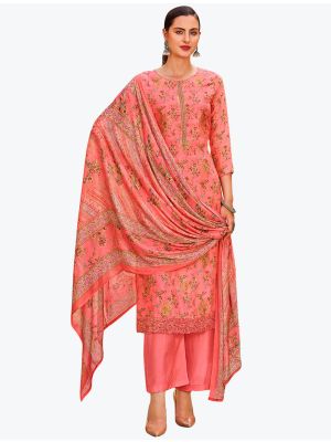 Peachy Pink Dola Silk Jacquard Embroidered Designer Palazzo Suit small FABSL21096