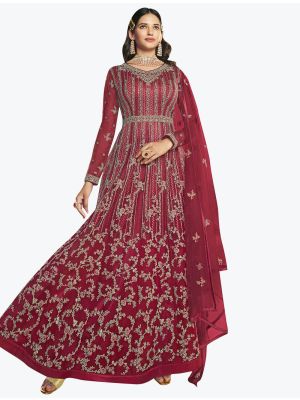 Royal Maroon Net Designer Anarkali Floor Length Suit small FABSL21125