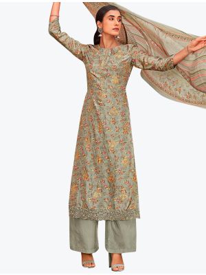 Silver Grey Dola Silk Jacquard Embroidered Designer Palazzo Suit small FABSL21097