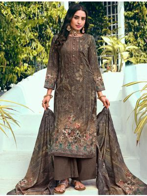 Brown Cotton Blend Palazzo Suit With Thread Work small FABSL21382